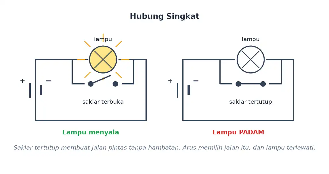 Saklar yang memintas lampu menyebabkan hubung singkat dan lampu padam