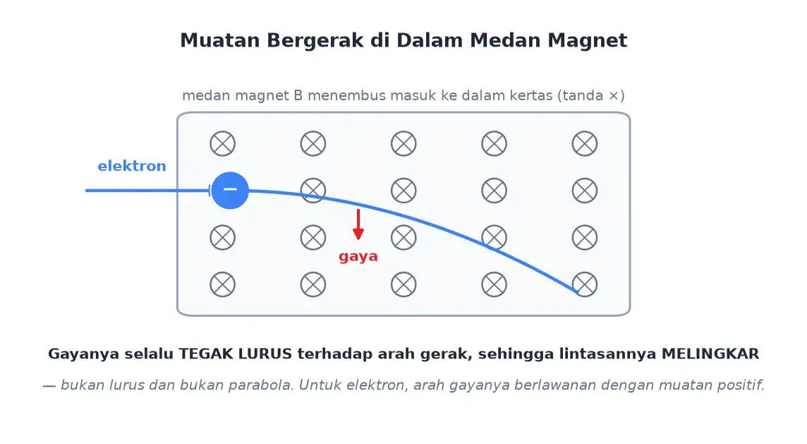 Elektron yang bergerak dalam medan magnet mengalami gaya tegak lurus dan bergerak melingkar
