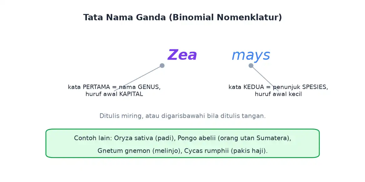 Aturan penulisan nama ilmiah dengan dua kata genus dan penunjuk spesies