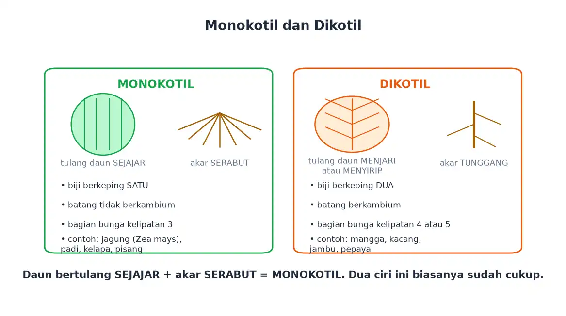Perbedaan ciri tumbuhan monokotil dan dikotil pada daun akar batang dan bunga