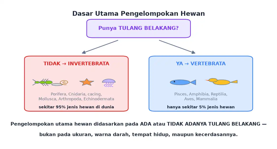 Hewan dikelompokkan menjadi invertebrata dan vertebrata berdasarkan tulang belakang