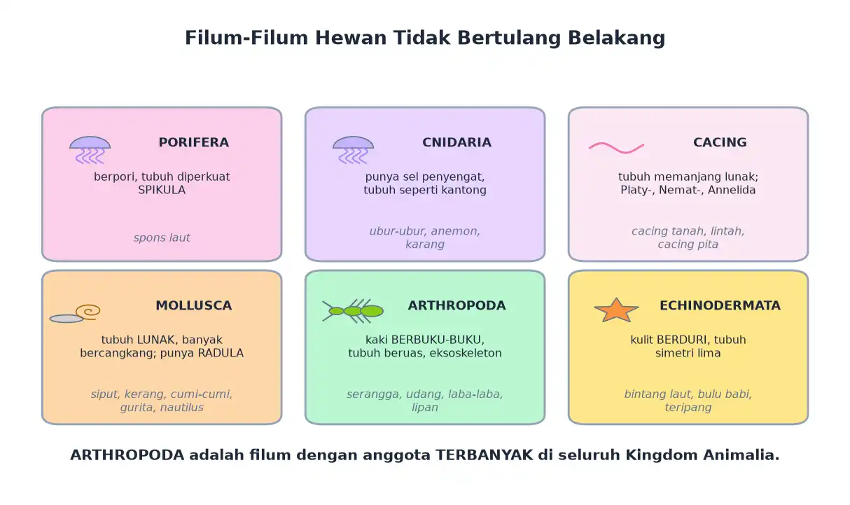 Enam filum hewan tak bertulang belakang porifera cnidaria cacing mollusca arthropoda echinodermata