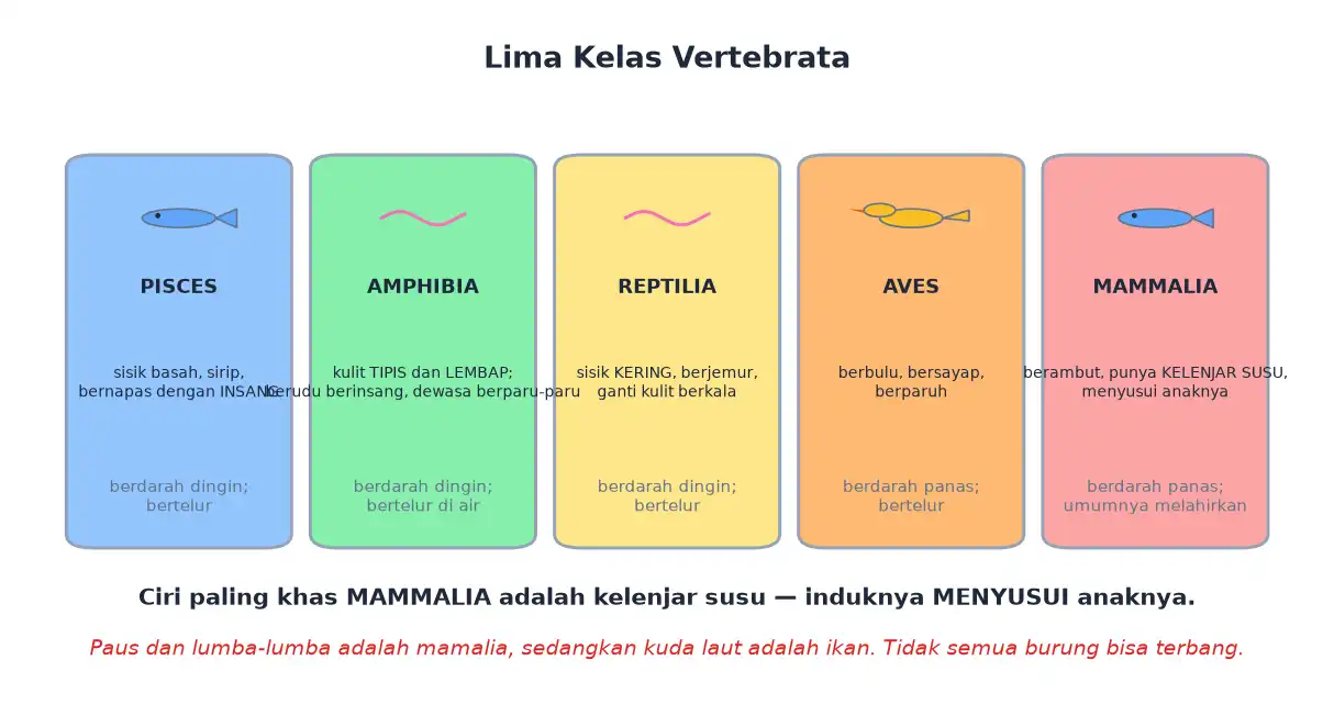 Lima kelas vertebrata pisces amphibia reptilia aves dan mammalia