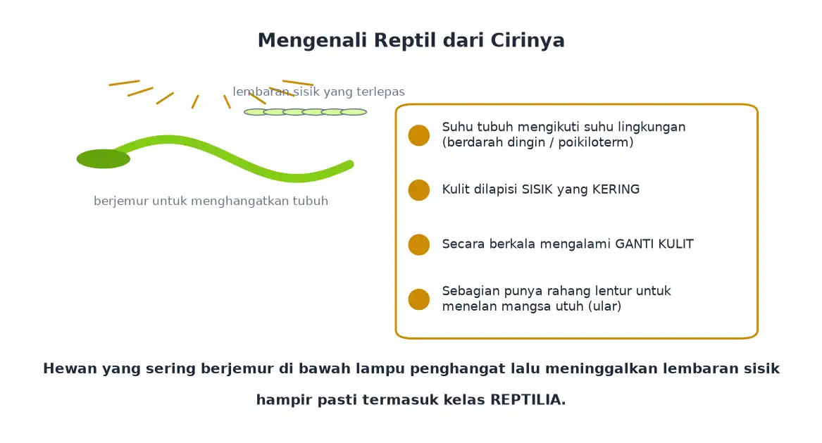 Ciri reptil berupa sisik kering berjemur dan berganti kulit secara berkala