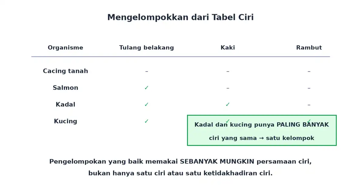 Tabel ciri cacing tanah salmon kadal dan kucing untuk dikelompokkan