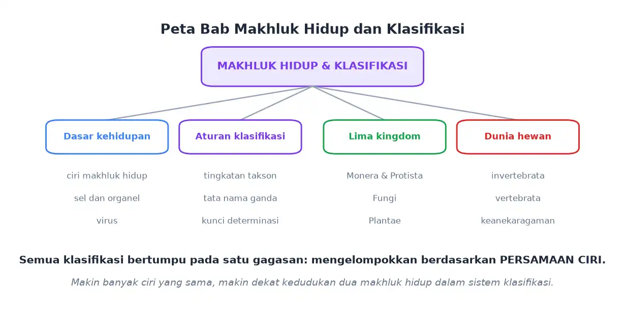 Peta ringkasan bab dasar kehidupan aturan klasifikasi lima kingdom dan dunia hewan