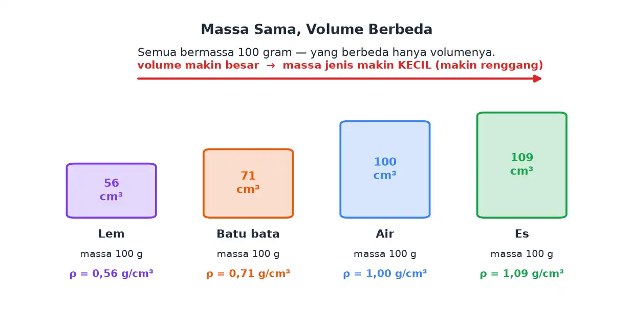 Empat benda bermassa 100 gram dengan volume berbeda beserta hasil perhitungan massa jenisnya