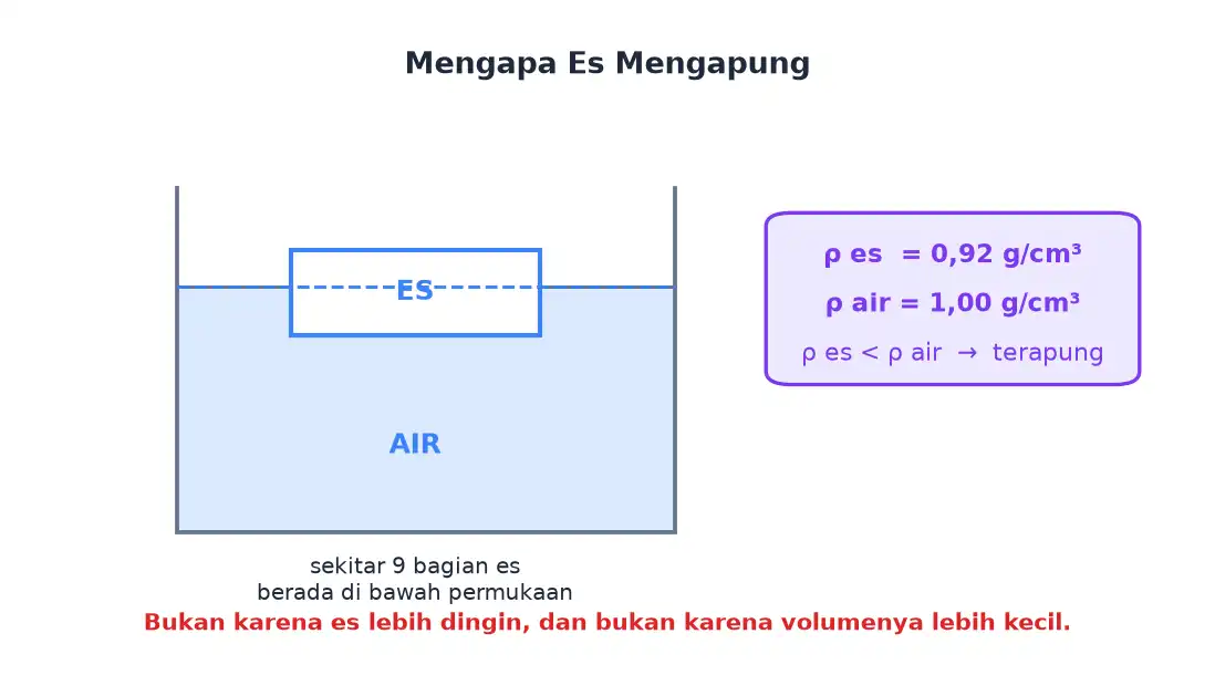 Bongkahan es terapung di dalam air dengan perbandingan massa jenis es dan massa jenis air