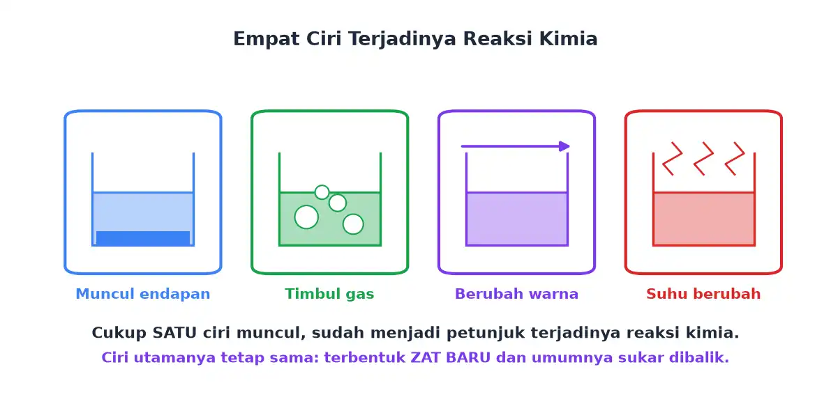 Empat ciri reaksi kimia: munculnya endapan, timbulnya gas, perubahan warna, dan perubahan suhu