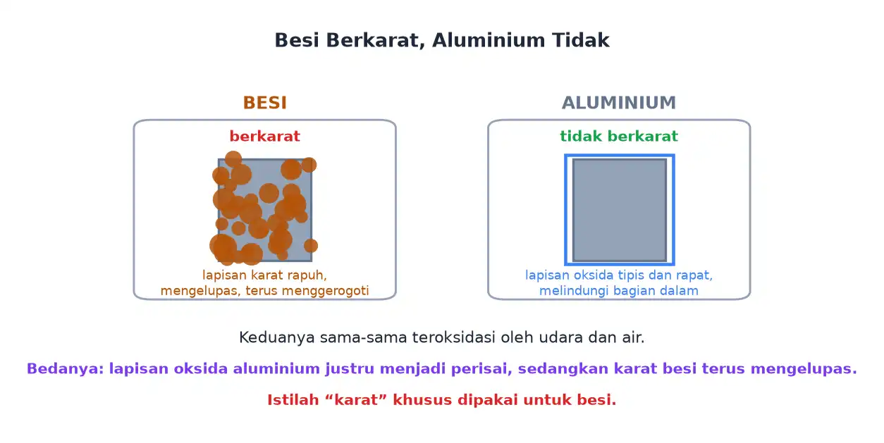Perbandingan besi yang berkarat dengan lapisan mengelupas dan aluminium dengan lapisan oksida tipis yang melindungi