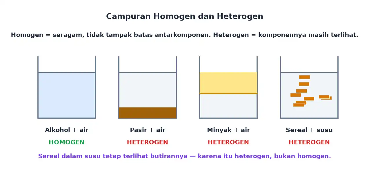 Empat gelas berisi alkohol dan air, pasir dan air, minyak dan air, serta sereal dan susu untuk membedakan campuran homogen dan heterogen