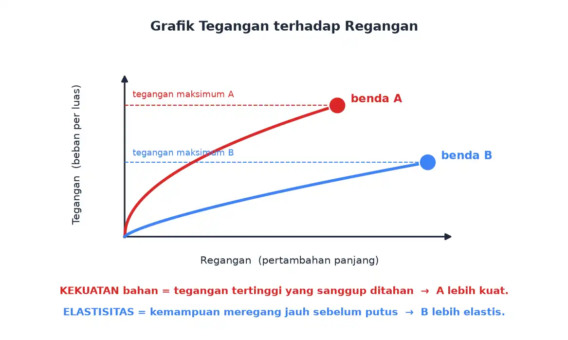 Grafik tegangan terhadap regangan dua benda, benda A mencapai tegangan lebih tinggi dan benda B meregang lebih panjang