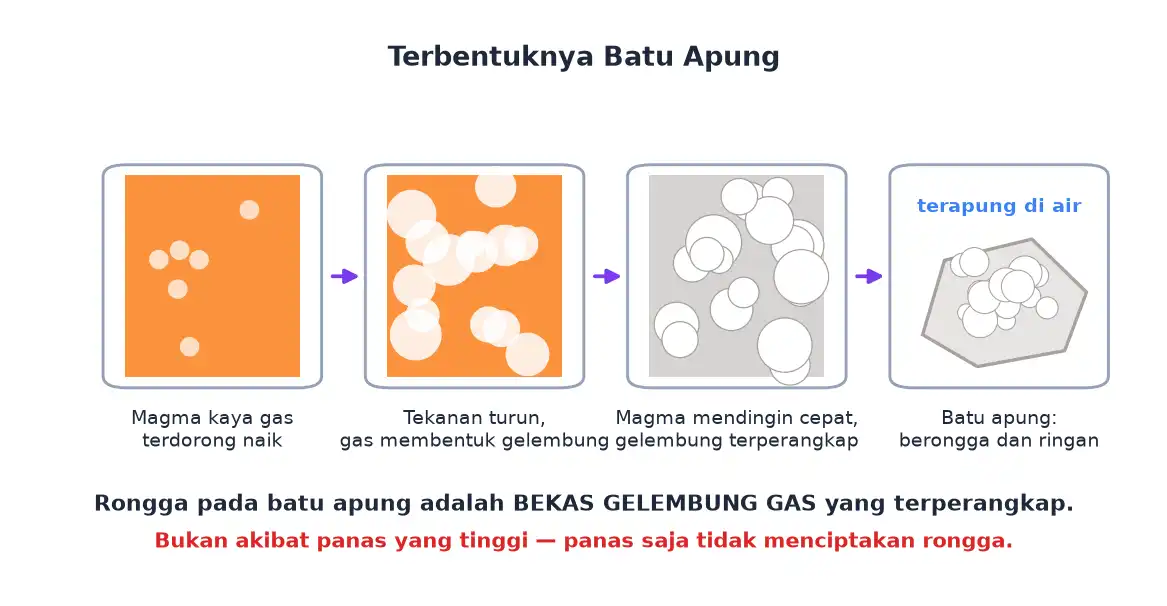 Empat tahap pembentukan batu apung dari magma kaya gas sampai menjadi batu berongga yang ringan