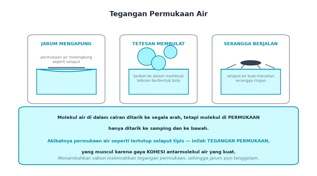 Jarum mengapung tetesan membulat dan serangga berjalan di permukaan air