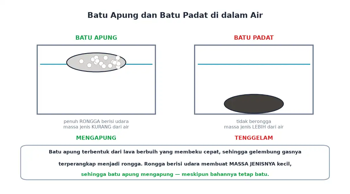Batu apung berongga mengapung sedangkan batu padat tenggelam di dalam air