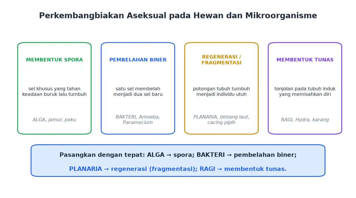 Spora pembelahan biner regenerasi fragmentasi dan pembentukan tunas