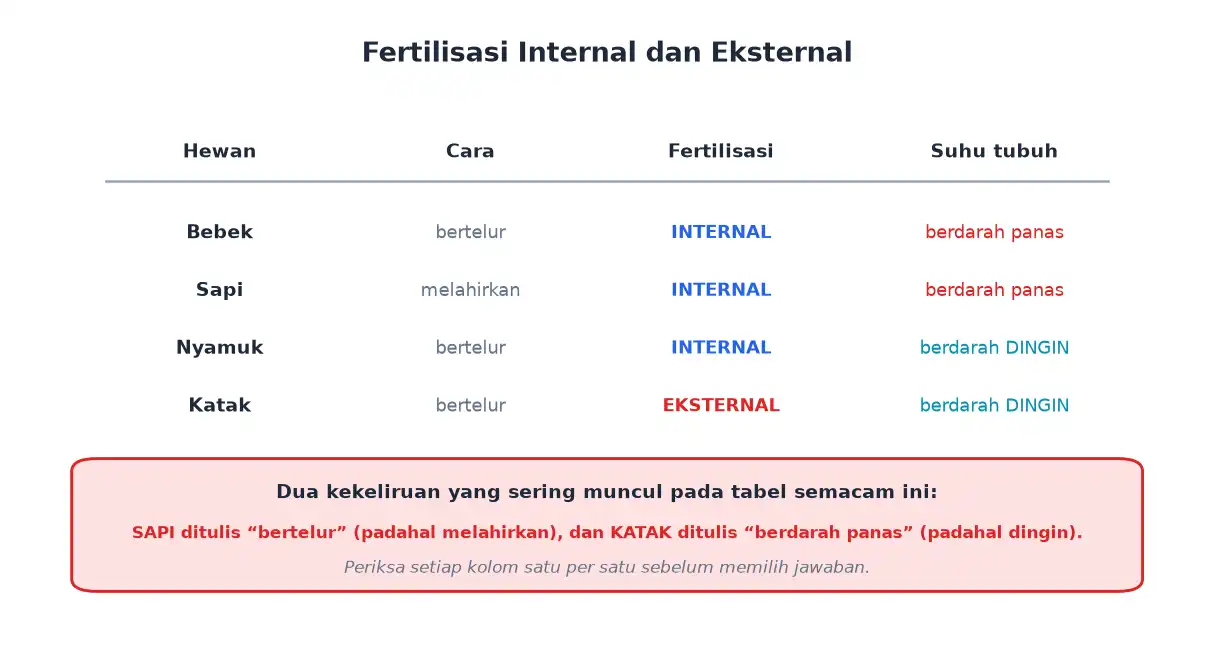 Tabel bebek sapi nyamuk dan katak dengan cara berkembang biak fertilisasi dan suhu tubuh