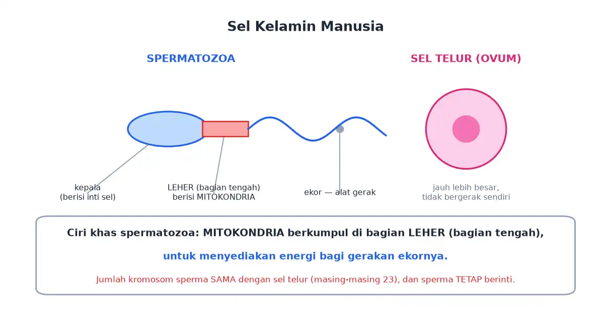 Spermatozoa dengan kepala leher berisi mitokondria dan ekor serta sel telur