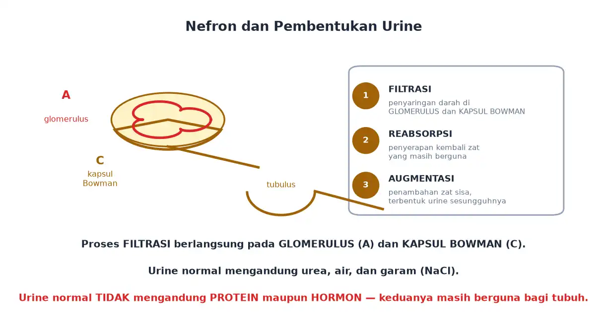 Nefron dengan glomerulus kapsul Bowman dan tiga tahap pembentukan urine