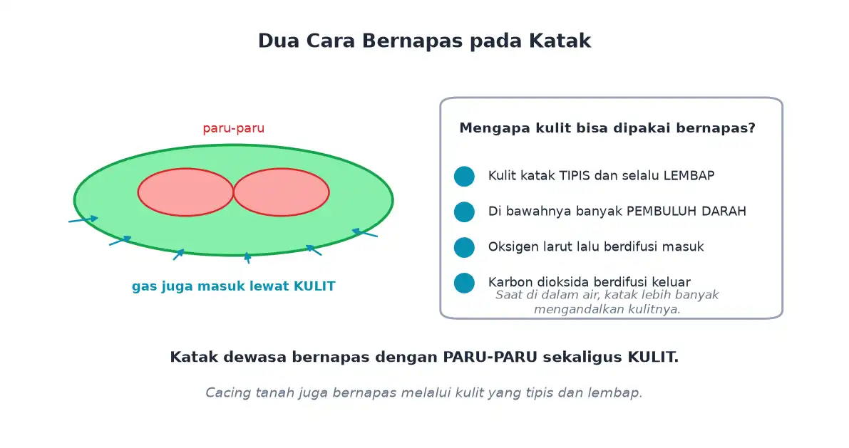 Katak dewasa bernapas dengan paru-paru dan kulit yang tipis lembap berpembuluh darah
