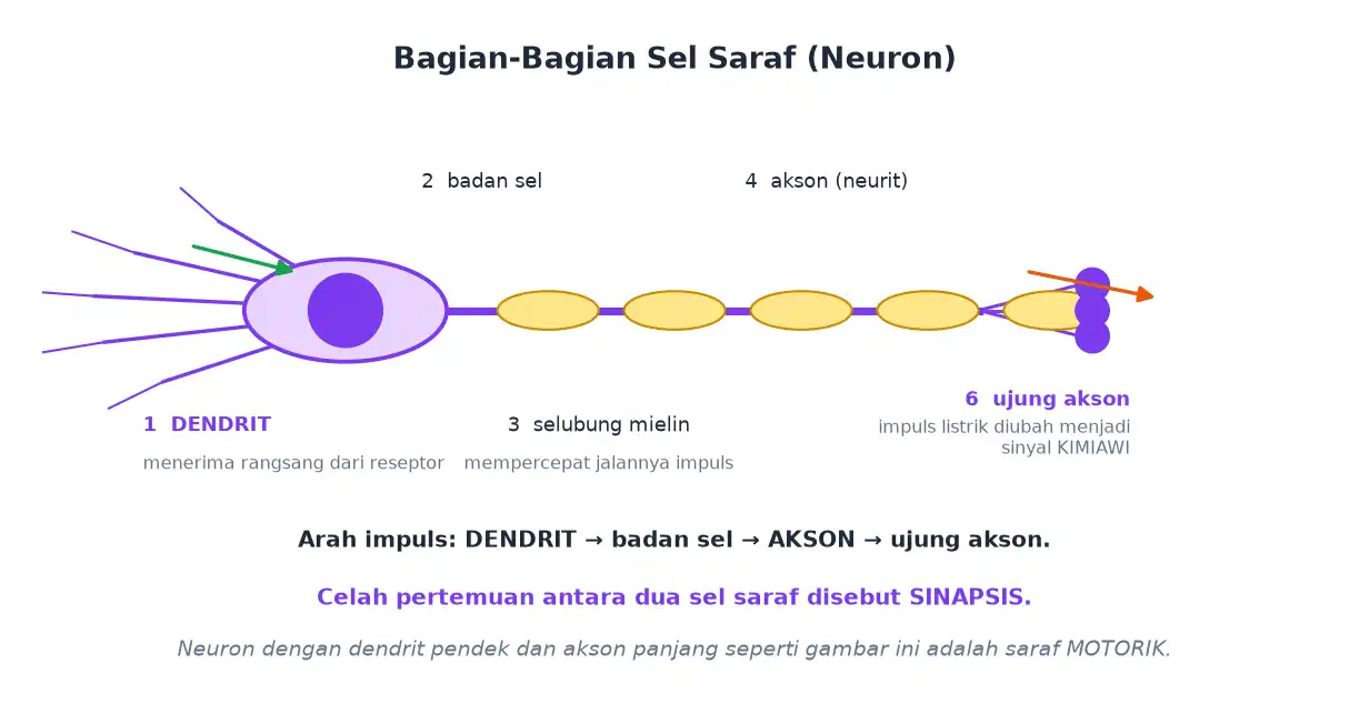Bagian sel saraf dendrit badan sel selubung mielin akson dan ujung akson