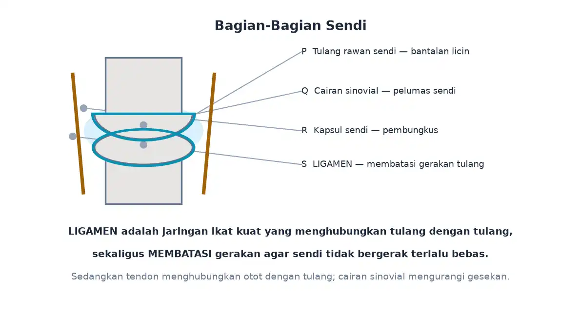 Bagian sendi berupa tulang rawan cairan sinovial kapsul sendi dan ligamen