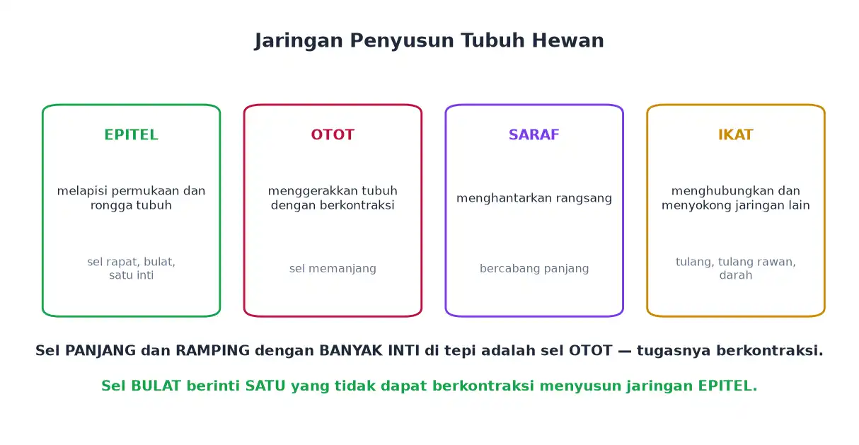 Empat jaringan penyusun tubuh hewan epitel otot saraf dan ikat