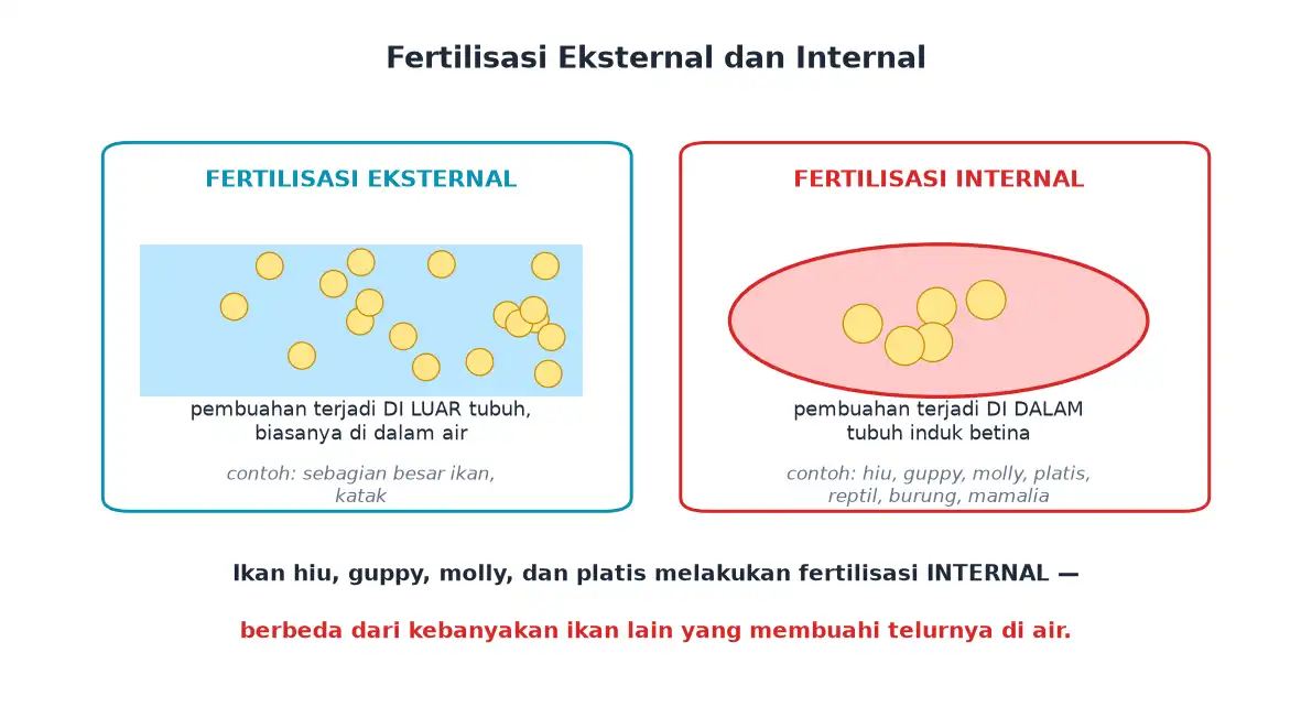 Fertilisasi eksternal di dalam air dan fertilisasi internal di dalam tubuh induk