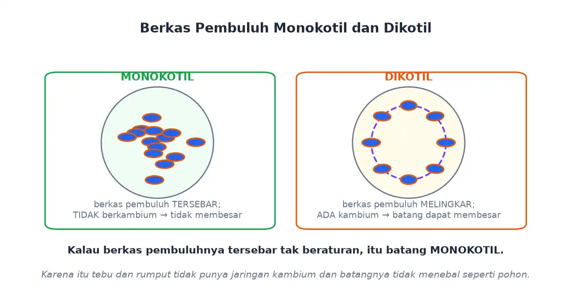 Berkas pembuluh tersebar pada monokotil dan melingkar pada dikotil