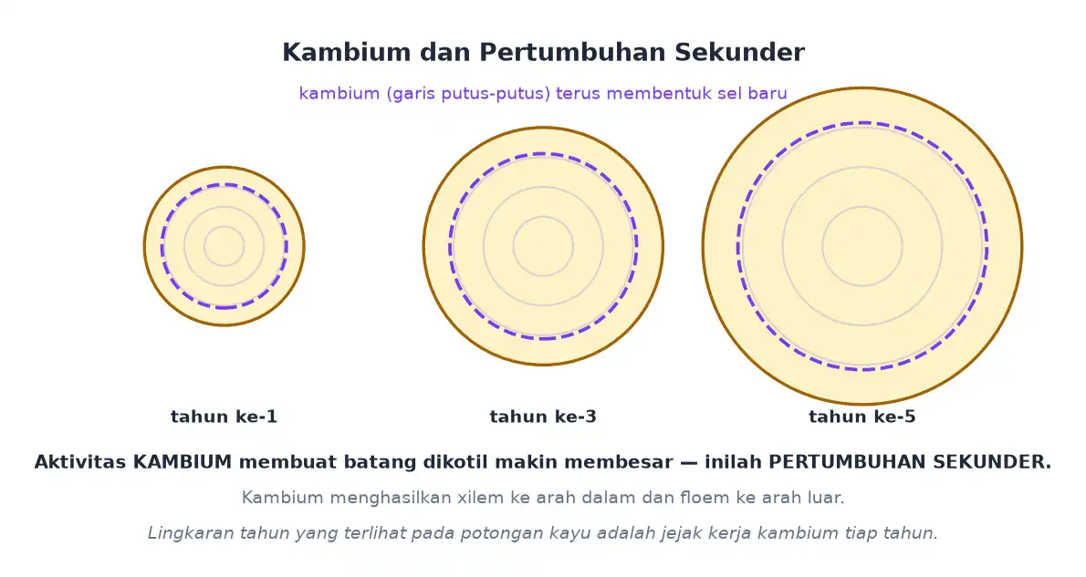 Aktivitas kambium membuat batang dikotil membesar dari tahun ke tahun