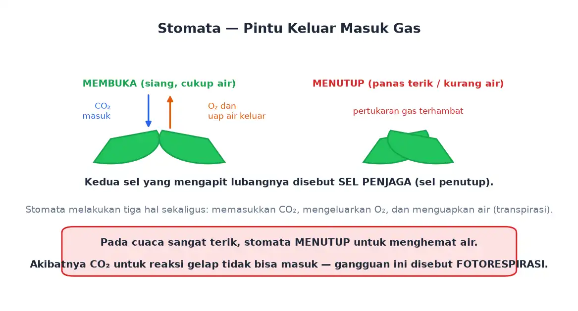 Stomata membuka dan menutup diapit sel penjaga untuk mengatur pertukaran gas