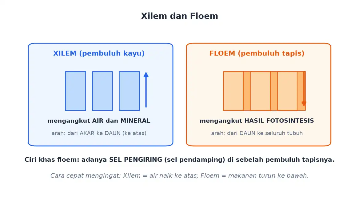 Xilem mengangkut air ke atas dan floem mengangkut hasil fotosintesis ke seluruh tubuh