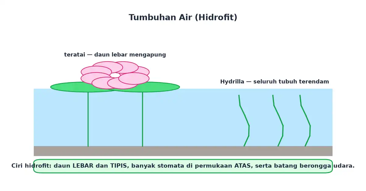 Tumbuhan air seperti teratai berdaun lebar mengapung dan Hydrilla yang terendam
