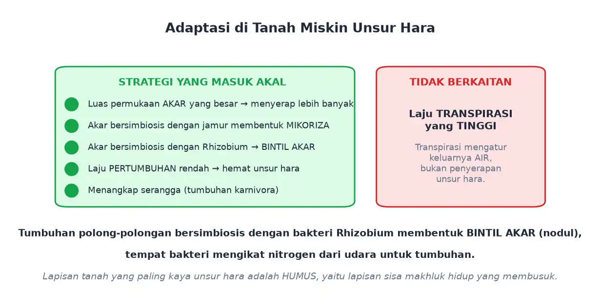Adaptasi tumbuhan di tanah miskin hara berupa akar luas mikoriza bintil akar dan pertumbuhan lambat