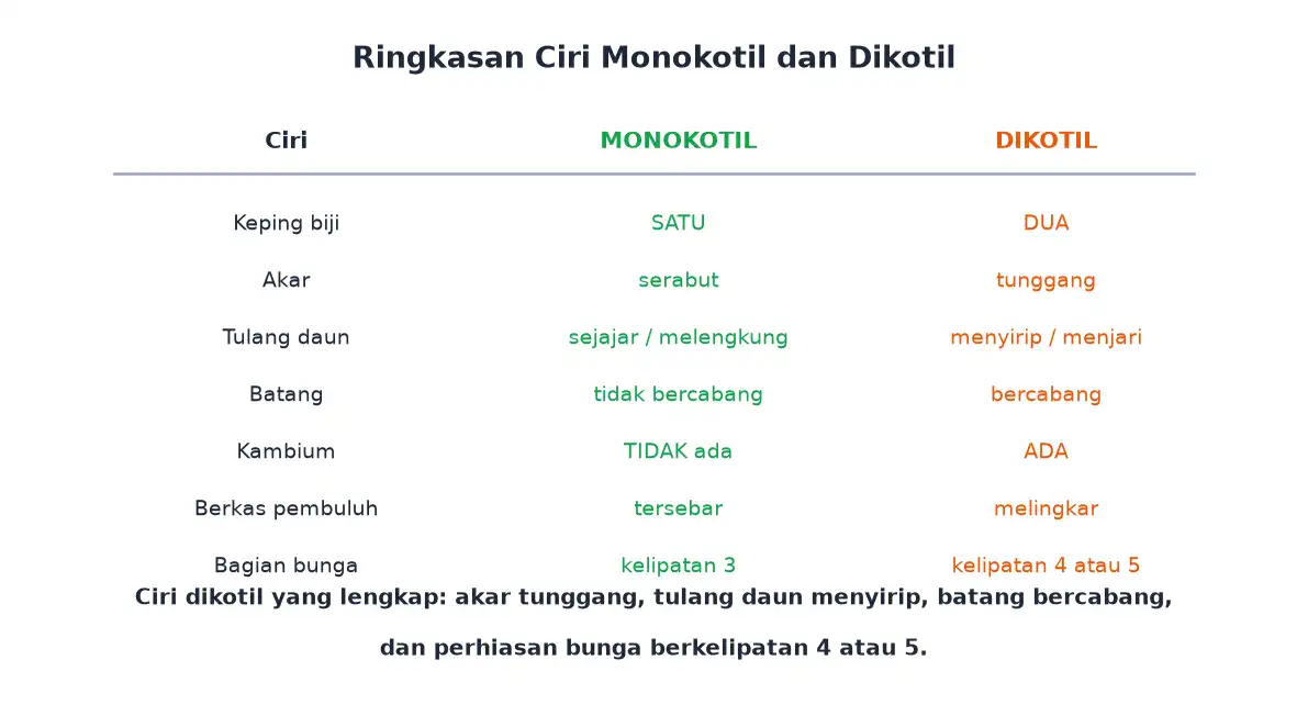 Tabel ringkasan ciri monokotil dan dikotil