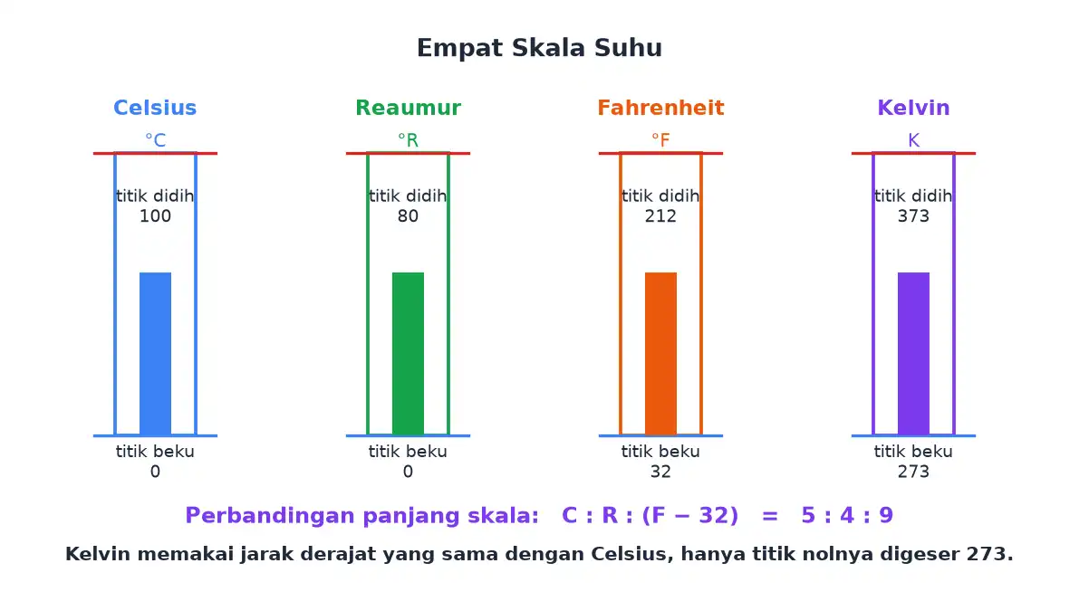 Perbandingan skala Celsius Reaumur Fahrenheit dan Kelvin beserta titik beku dan titik didih air