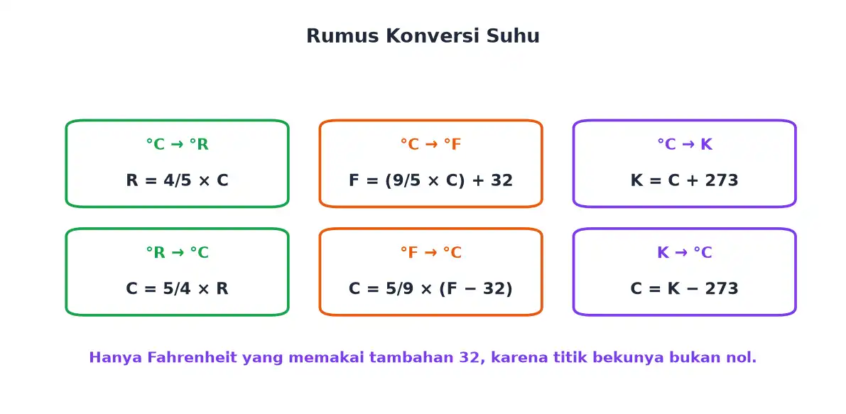 Enam rumus konversi suhu antara Celsius Reaumur Fahrenheit dan Kelvin