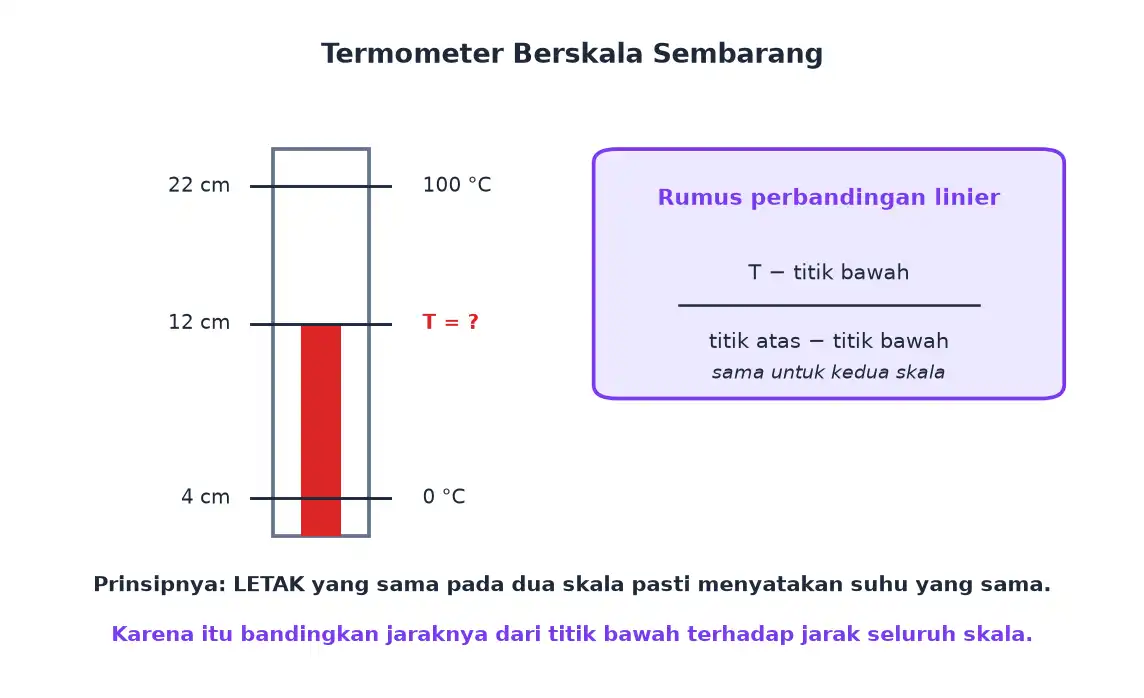 Termometer berskala sentimeter dengan titik es 4 cm titik uap 22 cm dan pembacaan 12 cm