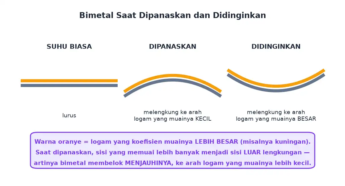 Keping bimetal lurus pada suhu biasa melengkung ke satu arah saat dipanaskan dan ke arah sebaliknya saat didinginkan