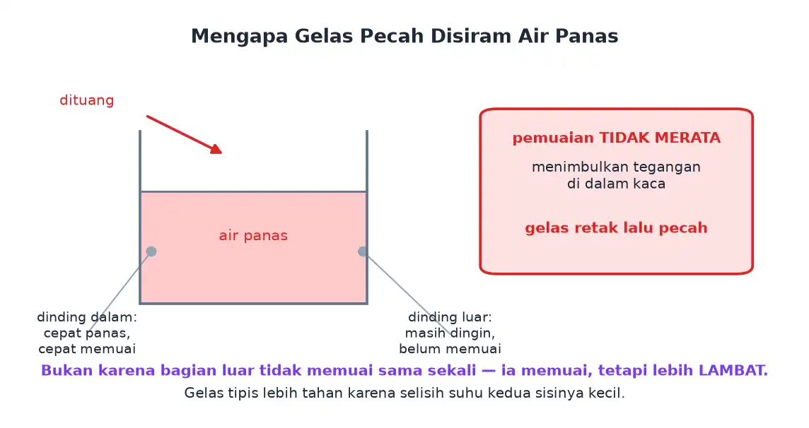 Dinding dalam gelas memuai lebih cepat daripada dinding luar sehingga menimbulkan tegangan dan gelas pecah