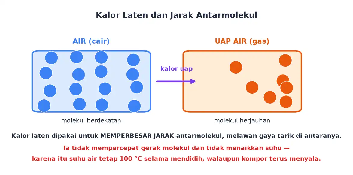 Molekul air yang berdekatan berubah menjadi uap air yang molekulnya berjauhan karena kalor uap