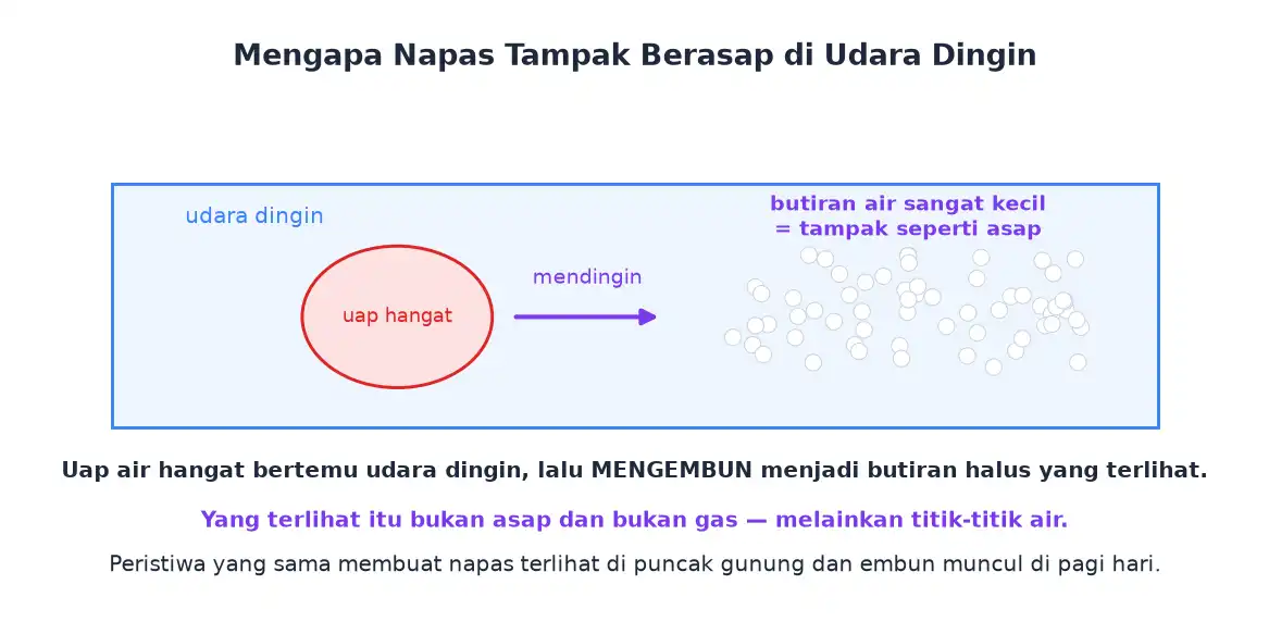 Uap hangat bertemu udara dingin lalu mengembun menjadi butiran air halus yang tampak seperti asap