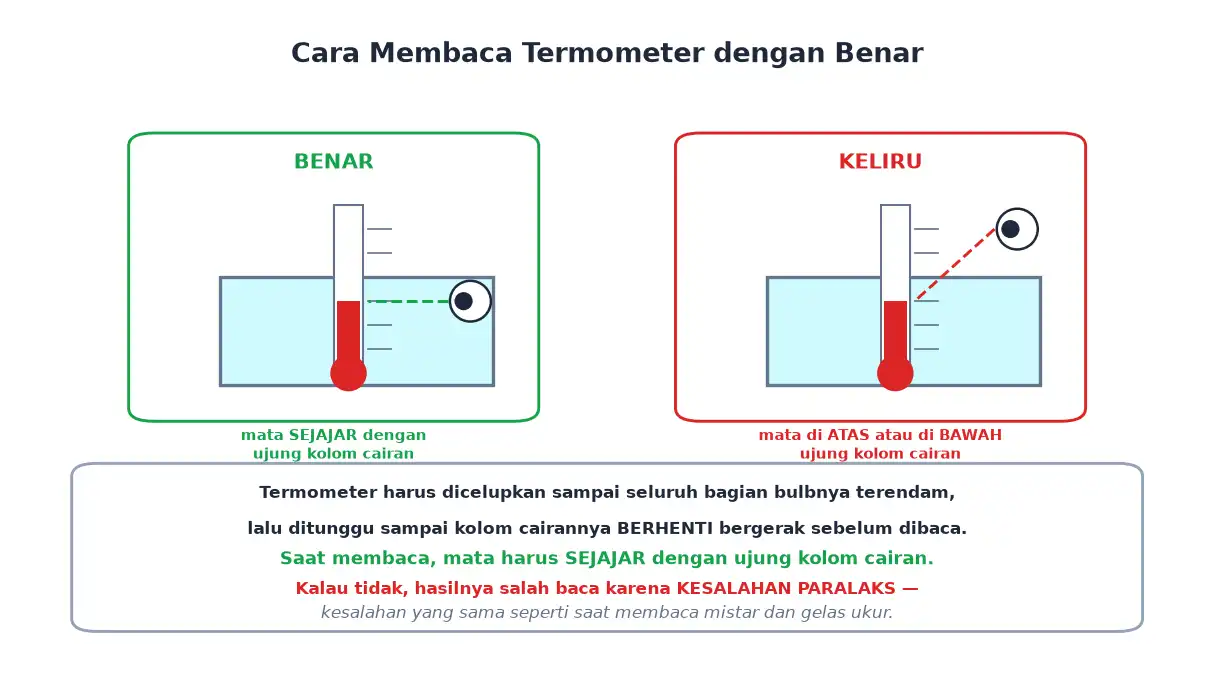 Posisi mata yang benar dan yang keliru saat membaca skala termometer