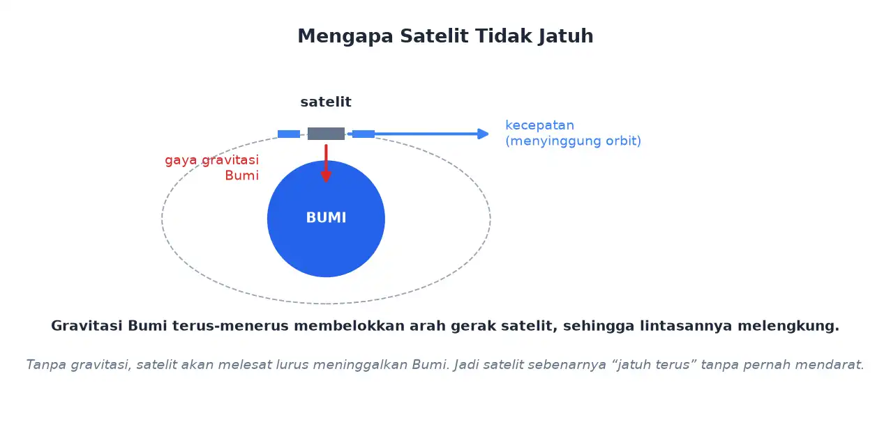 Gaya gravitasi bumi membelokkan gerak satelit sehingga lintasannya melengkung
