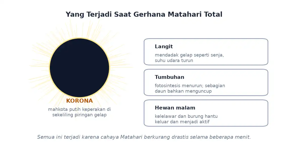 Korona matahari terlihat dan makhluk hidup bereaksi saat gerhana matahari total