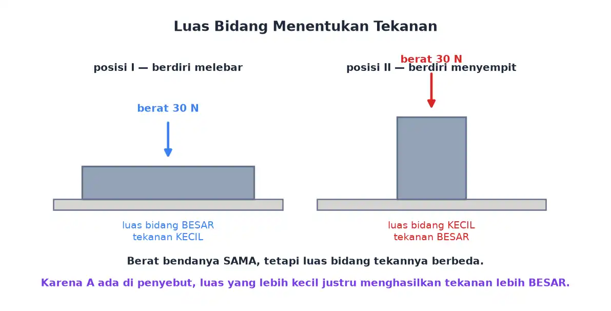 Balok besi yang sama diletakkan pada dua posisi dengan luas bidang tekan berbeda