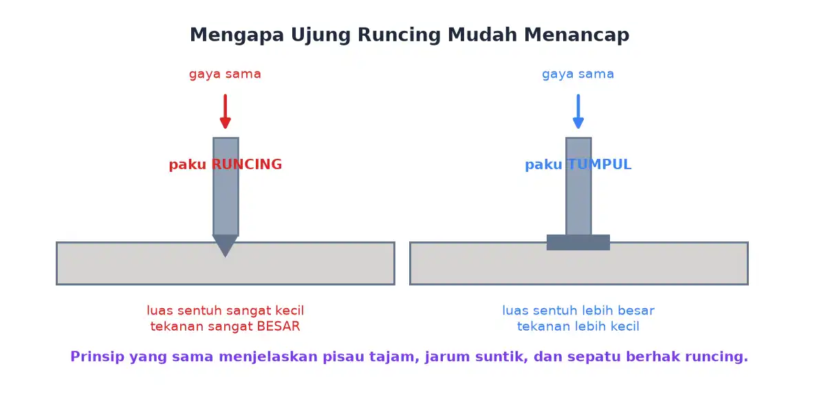Paku runcing dan paku tumpul yang ditekan dengan gaya sama