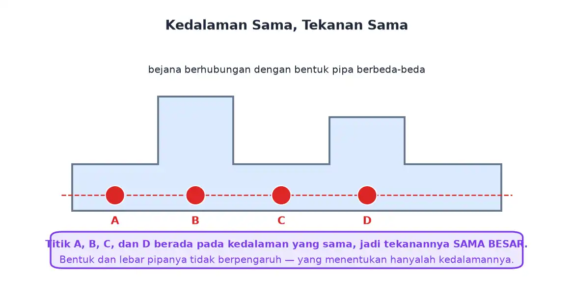 Bejana berhubungan dengan empat titik pada kedalaman sama memiliki tekanan sama