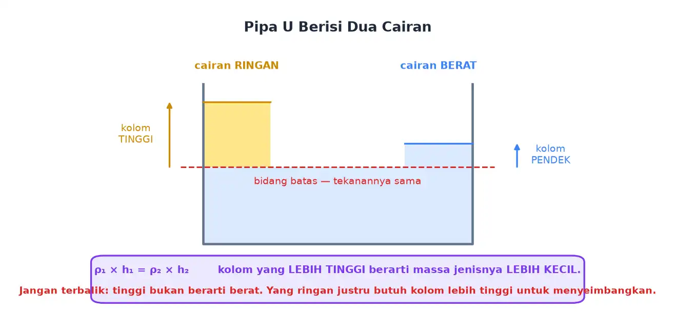Pipa U berisi dua cairan berbeda dengan tinggi kolom yang berbeda