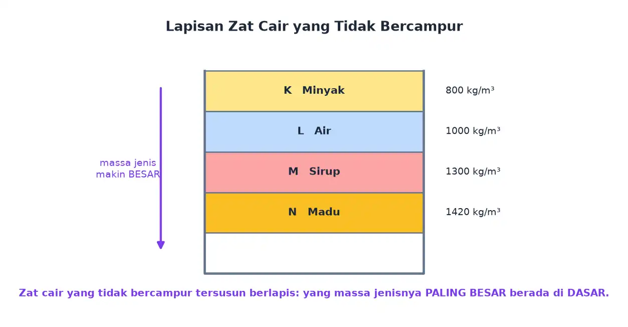 Empat lapisan zat cair minyak air sirup dan madu tersusun menurut massa jenisnya
